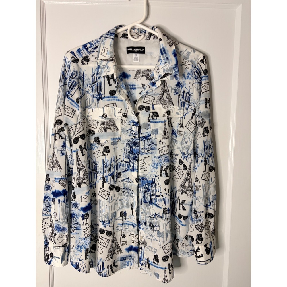 Karl Lagerfeld Paris Women Blue White Eiffel Tower Print Button Down Shirt L